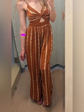Angie Rust-Brown Floral Stripe Twist Front Keyhole Jumpsuit